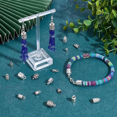 PH PandaHall 90PCS Cord End Caps 15 Styles Antique Silver Leather Tassel Cap Alloy Tube Barrel End Tip Cord Link Buckle Glue-in End Cap for DIY Kumihimo Bracelets Necklaces Jewelry Making in Saudi Arabia