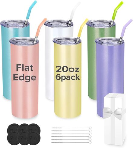 Fastsub SubmiMation tumblers 20 oz فارغ كوب بريق كبير مستقيم الفولاذ المقاوم للصدأ نحيف الفولاذ المقاوم للصدأ معزول مع الأغطية والقش لصالح Heat Heat Press متعدد الألوان 6 حزمة in Kuwait