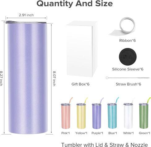 Fastsub SubmiMation tumblers 20 oz فارغ كوب بريق كبير مستقيم الفولاذ المقاوم للصدأ نحيف الفولاذ المقاوم للصدأ معزول مع الأغطية والقش لصالح Heat Heat Press متعدد الألوان 6 حزمة in Kuwait