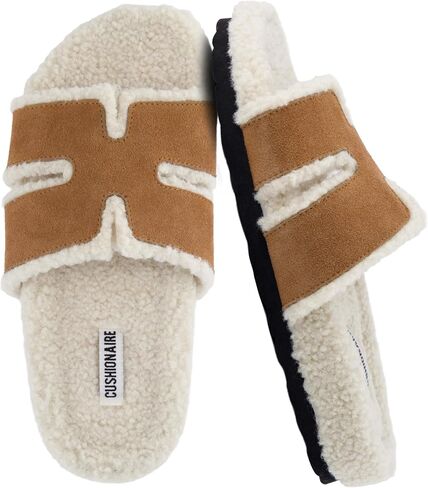 CUSHIONAIRE Cuddle Fur Slippers for Women Faux Shearling Slide Sandal +Memory Foam, Wide Widths Available in Saudi Arabia