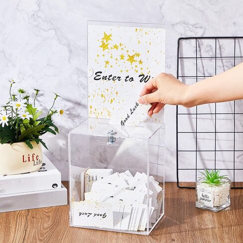 Teling Tall Acrylic Donation Box with Lock and Sign Plate 6.7 x 5 x 8 Inches Safe Suggestion Box with Sign Plate and 100pcs Raffle Tickets Cards for Voting, Charity, Collection Supplies (Clear) in Saudi Arabia