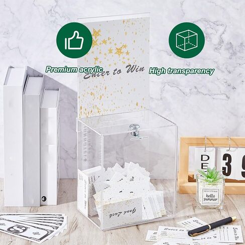 Teling Tall Acrylic Donation Box with Lock and Sign Plate 6.7 x 5 x 8 Inches Safe Suggestion Box with Sign Plate and 100pcs Raffle Tickets Cards for Voting, Charity, Collection Supplies (Clear) in Saudi Arabia