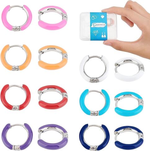 DICOSMETIC 7 Pairs 7 Colors Enamel Hoop Earrings Colorful Cute Huggie Hoop Earring 15mm Stainless Steel Earrings Set Small Circle Hoop Earrings Cute Statement Earrings for Women Jewelry in Saudi Arabia