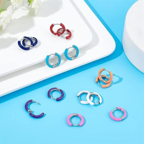 DICOSMETIC 7 Pairs 7 Colors Enamel Hoop Earrings Colorful Cute Huggie Hoop Earring 15mm Stainless Steel Earrings Set Small Circle Hoop Earrings Cute Statement Earrings for Women Jewelry in Saudi Arabia
