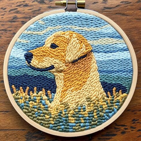 Punch Needle Kits Yellow Labrador Dog Silhouette سهلة للمبتدئين DIY Punch Edele Yarn Starter Starter Termbrowery لمحبي الحرفية مع نمط مطبوع وأطواق للديكور المنزلي 20x20cm-7 in Saudi Arabia