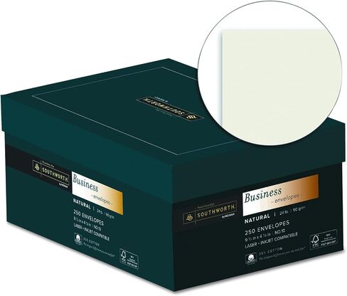 أظرف Southworth 25% قطن رقم 10، 4.125 بوصة × 9.5 بوصة، 24 رطل/90 جرام لكل متر مربع، لمسة نهائية منسوجة، أبيض، 250 قطعة - قد تختلف التعبئة (J404-10) in Kuwait
