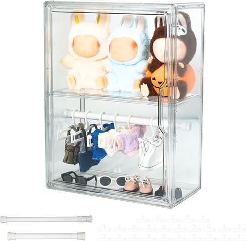 Clear Doll Display Case Compatible with Labubu- 2 Tier Organizer for 7 Inch Dolls & Clothes, Includes 20 Mini Hangers & 2 Rods | Doll Wardrobe Shelf in Saudi Arabia