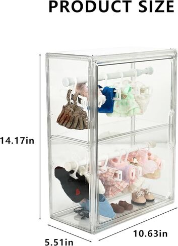 Clear Doll Display Case Compatible with Labubu- 2 Tier Organizer for 7 Inch Dolls & Clothes, Includes 20 Mini Hangers & 2 Rods | Doll Wardrobe Shelf in Saudi Arabia