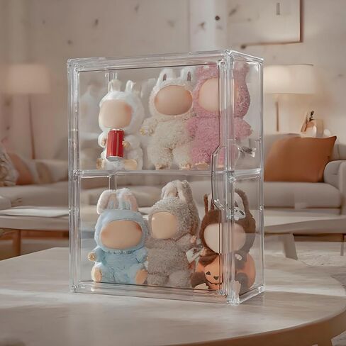 Clear Doll Display Case Compatible with Labubu- 2 Tier Organizer for 7 Inch Dolls & Clothes, Includes 20 Mini Hangers & 2 Rods | Doll Wardrobe Shelf in Saudi Arabia