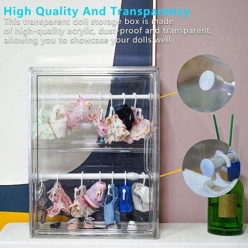 Clear Doll Display Case Compatible with Labubu- 2 Tier Organizer for 7 Inch Dolls & Clothes, Includes 20 Mini Hangers & 2 Rods | Doll Wardrobe Shelf in Saudi Arabia