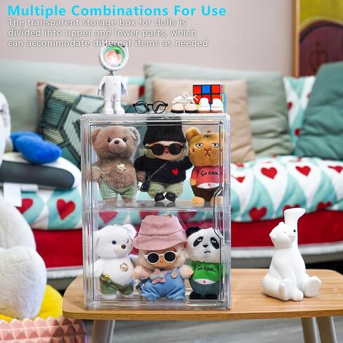 Clear Doll Display Case Compatible with Labubu- 2 Tier Organizer for 7 Inch Dolls & Clothes, Includes 20 Mini Hangers & 2 Rods | Doll Wardrobe Shelf in Saudi Arabia