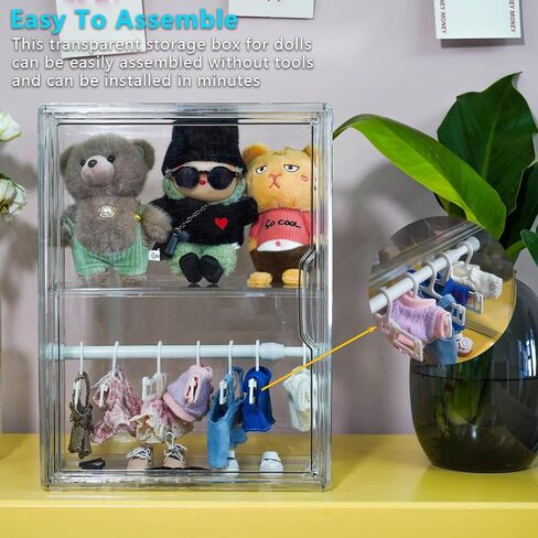 Clear Doll Display Case Compatible with Labubu- 2 Tier Organizer for 7 Inch Dolls & Clothes, Includes 20 Mini Hangers & 2 Rods | Doll Wardrobe Shelf in Saudi Arabia