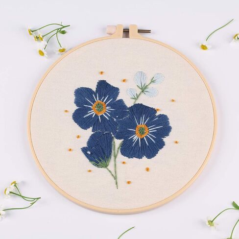 Amiiba Embroidery Starter Kit with Blue Flower Pattern, DIY Full Range Stamped Embroidery Cross Stitch Kits for Beginners Adults (Blue Flower) in Kuwait