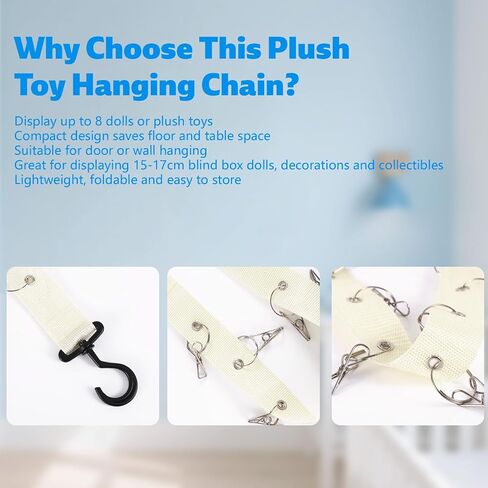 Plush Toy Display Strap with 8 Metal Clips, Hanging Wall Doll Organizer for 15-17cm Blind Box Dolls & Plush Animals Storage (Black) in Saudi Arabia