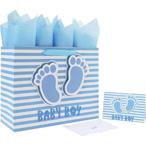 13" Large Baby Boy Gift Bag Set with Handles, Greeting Card, Blue Tissue Papers and Stickers for Boys Kids for Baby Shower, Boys' Birthday Party, Newborn, New Moms, Little One, 1st Baby, 3D Footprints Design, 1 Pcs in Saudi Arabia