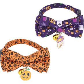 2pcs Halloween Cat Cat with Bow Tie & Bell ، Flowaway Fall Fall Spooky Hitten Powtie for small kitty and dogs festive pet escorby (Pumpkin & Ghost Pattern) in Kuwait