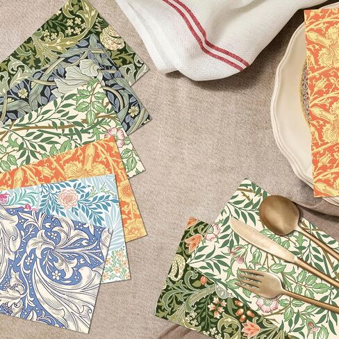 120PCS William Morris Floral Paper Napkins - 6 Vintage Wildflower Disposable Hand Towels for Bathroom, Dinner, Picnic, Wedding | 4.5"x8" | Disposable Napkins for Daily Use, Family Gatherings in Kuwait