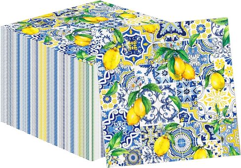 40PCS Capri Lemon Paper Napkins Tiles Lemons Party Napkins Disposable Royal Blue and White Mediterranean Lemon Decorative Paper Napkins for Positano Lemons Holiday Party Decorations 6.5" x 6.5" in Saudi Arabia