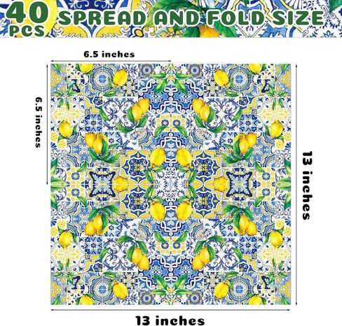 40PCS Capri Lemon Paper Napkins Tiles Lemons Party Napkins Disposable Royal Blue and White Mediterranean Lemon Decorative Paper Napkins for Positano Lemons Holiday Party Decorations 6.5" x 6.5" in Saudi Arabia