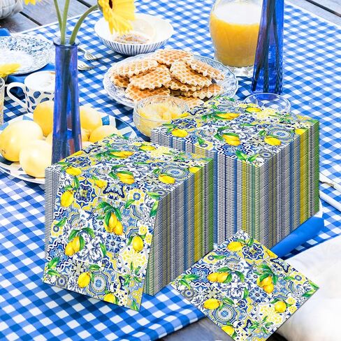 40PCS Capri Lemon Paper Napkins Tiles Lemons Party Napkins Disposable Royal Blue and White Mediterranean Lemon Decorative Paper Napkins for Positano Lemons Holiday Party Decorations 6.5" x 6.5" in Saudi Arabia