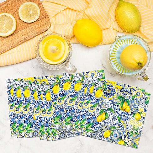 40PCS Capri Lemon Paper Napkins Tiles Lemons Party Napkins Disposable Royal Blue and White Mediterranean Lemon Decorative Paper Napkins for Positano Lemons Holiday Party Decorations 6.5" x 6.5" in Saudi Arabia