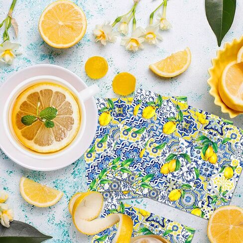 40PCS Capri Lemon Paper Napkins Tiles Lemons Party Napkins Disposable Royal Blue and White Mediterranean Lemon Decorative Paper Napkins for Positano Lemons Holiday Party Decorations 6.5" x 6.5" in Saudi Arabia