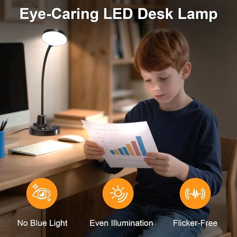 15W LED Desk Lamp with USB Charging Ports – Dimmable Table Lamp with 3 Color Temps, 5 Brightness, 4 Timers, Flexible Gooseneck Light with Base, Eye-Caring Reading Light for Home Office, Bedroom, Study in Saudi Arabia