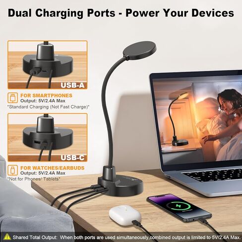 15W LED Desk Lamp with USB Charging Ports – Dimmable Table Lamp with 3 Color Temps, 5 Brightness, 4 Timers, Flexible Gooseneck Light with Base, Eye-Caring Reading Light for Home Office, Bedroom, Study in Saudi Arabia