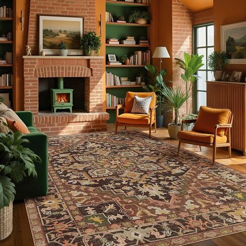 Kokia Washable Area Rug 6x9 Lightweight Ultra-Thin Non-Slip Living Room Rugs Vintage Printed Low Pile Lightweight Carpet Bedroom Dining Room Office Indoor Area, Anya Orange in Saudi Arabia