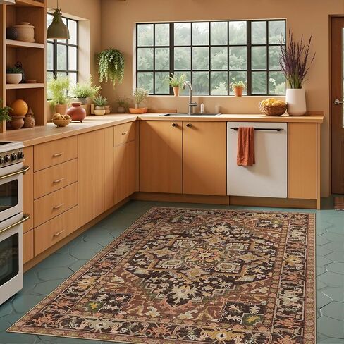 Kokia Washable Area Rug 6x9 Lightweight Ultra-Thin Non-Slip Living Room Rugs Vintage Printed Low Pile Lightweight Carpet Bedroom Dining Room Office Indoor Area, Anya Orange in Saudi Arabia