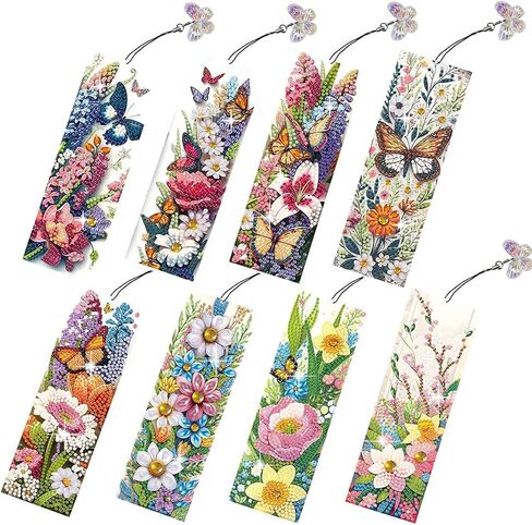 8 Pcs 5D Diamond Art Bookmarks for Reading Lovers, Handmade DIY Diamond Painting Book Marks with Tassels for (Flower) in Saudi Arabia