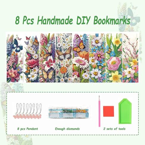 8 Pcs 5D Diamond Art Bookmarks for Reading Lovers, Handmade DIY Diamond Painting Book Marks with Tassels for (Flower) in Saudi Arabia