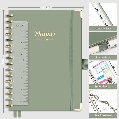 AHGXG 2026 Planner ، Weekly and Monthly ، 2026 Calendar ، Jan 2026 - December 2026 ، Hardcover مع علامات تبويب شهرية ، 100 GSM ورقة سميكة ، لمستلزمات المكاتب المنزلية للمدرسة النسائية ، 6 "× 8.38" ، Sage Green in Kuwait