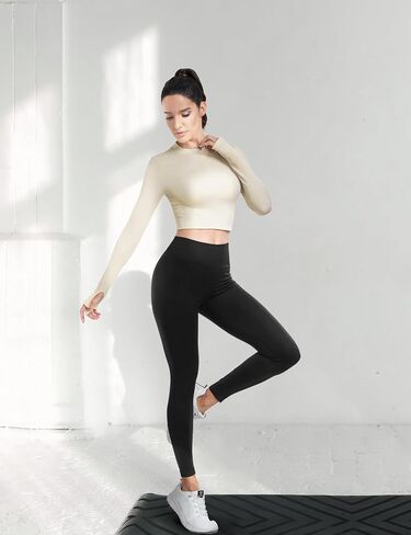 قمصان نسائية طويلة الأكمام للتمرين بنصف سحاب ورقبة واقفة تي شيرت مضلع بدون خياطة مع فتحات إبهام in Kuwait