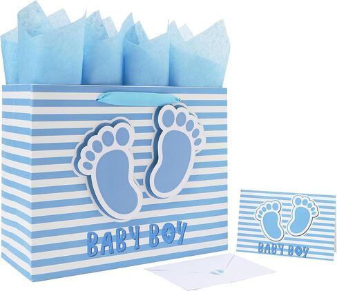 13" Large Baby Boy Gift Bag Set with Handles, Greeting Card, Blue Tissue Papers and Stickers for Boys Kids for Baby Shower, Boys' Birthday Party, Newborn, New Moms, Little One, 1st Baby, 3D Footprints Design, 1 Pcs in Saudi Arabia