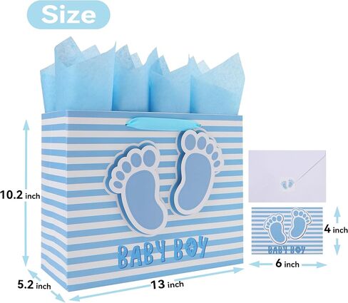 13" Large Baby Boy Gift Bag Set with Handles, Greeting Card, Blue Tissue Papers and Stickers for Boys Kids for Baby Shower, Boys' Birthday Party, Newborn, New Moms, Little One, 1st Baby, 3D Footprints Design, 1 Pcs in Saudi Arabia