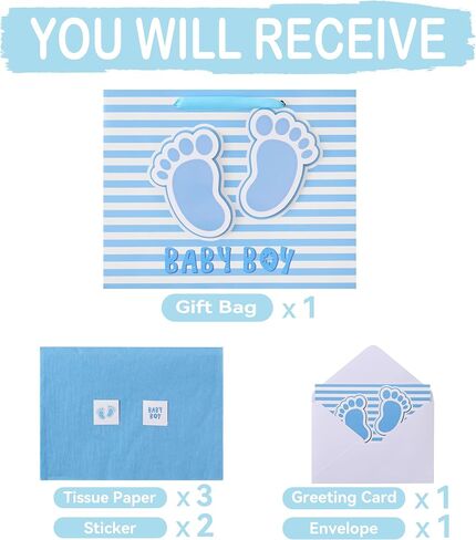 13" Large Baby Boy Gift Bag Set with Handles, Greeting Card, Blue Tissue Papers and Stickers for Boys Kids for Baby Shower, Boys' Birthday Party, Newborn, New Moms, Little One, 1st Baby, 3D Footprints Design, 1 Pcs in Saudi Arabia