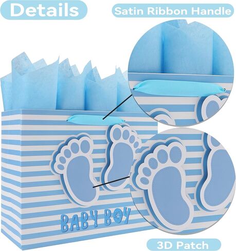 13" Large Baby Boy Gift Bag Set with Handles, Greeting Card, Blue Tissue Papers and Stickers for Boys Kids for Baby Shower, Boys' Birthday Party, Newborn, New Moms, Little One, 1st Baby, 3D Footprints Design, 1 Pcs in Saudi Arabia