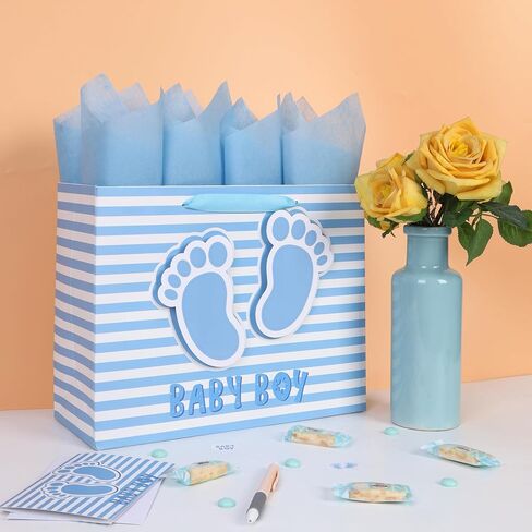 13" Large Baby Boy Gift Bag Set with Handles, Greeting Card, Blue Tissue Papers and Stickers for Boys Kids for Baby Shower, Boys' Birthday Party, Newborn, New Moms, Little One, 1st Baby, 3D Footprints Design, 1 Pcs in Saudi Arabia