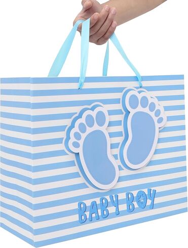 13" Large Baby Boy Gift Bag Set with Handles, Greeting Card, Blue Tissue Papers and Stickers for Boys Kids for Baby Shower, Boys' Birthday Party, Newborn, New Moms, Little One, 1st Baby, 3D Footprints Design, 1 Pcs in Saudi Arabia