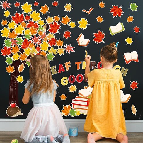 123Pcs Fall Reading Bulletin Board Set Fall Maple Leaves Tree Book Cutouts with 200Pcs Glue Points for Autumn Thanksgiving Party Classroom Chalkboard Wall Decor in Saudi Arabia