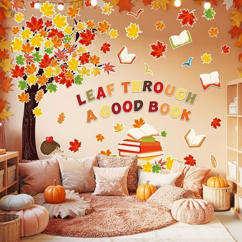 123Pcs Fall Reading Bulletin Board Set Fall Maple Leaves Tree Book Cutouts with 200Pcs Glue Points for Autumn Thanksgiving Party Classroom Chalkboard Wall Decor in Saudi Arabia
