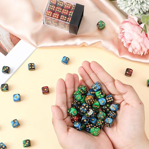 144 Pcs 12MM 6 Sided Mini Dice Set, Pearl Pattern Game Tiny Dices Mable Two Colors D6 Game Standard Dices with Portable Plastic Box for Yahtzee and Teaching Math Learning (4 Color) in Kuwait