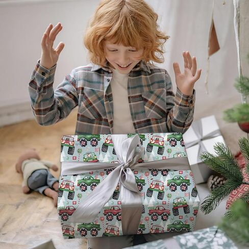 Plandrichw Monster Truck Christmas Wrapp Paper - شاحنات وحش ملونة مع أشجار عيد الميلاد وأنماط العطلات - 40 × 28 بوصة لف غلاف الهدايا ، 4 أوراق مطوية للأطفال والكبار in Kuwait