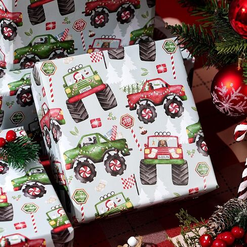 Plandrichw Monster Truck Christmas Wrapp Paper - شاحنات وحش ملونة مع أشجار عيد الميلاد وأنماط العطلات - 40 × 28 بوصة لف غلاف الهدايا ، 4 أوراق مطوية للأطفال والكبار in Kuwait