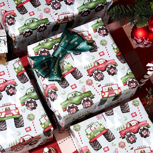 Plandrichw Monster Truck Christmas Wrapp Paper - شاحنات وحش ملونة مع أشجار عيد الميلاد وأنماط العطلات - 40 × 28 بوصة لف غلاف الهدايا ، 4 أوراق مطوية للأطفال والكبار in Kuwait