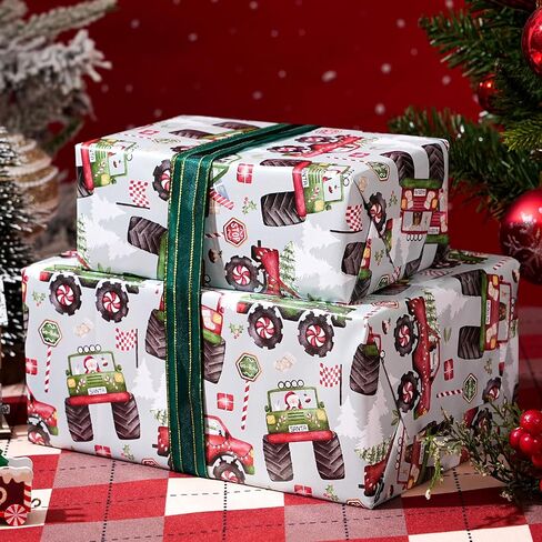 Plandrichw Monster Truck Christmas Wrapp Paper - شاحنات وحش ملونة مع أشجار عيد الميلاد وأنماط العطلات - 40 × 28 بوصة لف غلاف الهدايا ، 4 أوراق مطوية للأطفال والكبار in Kuwait