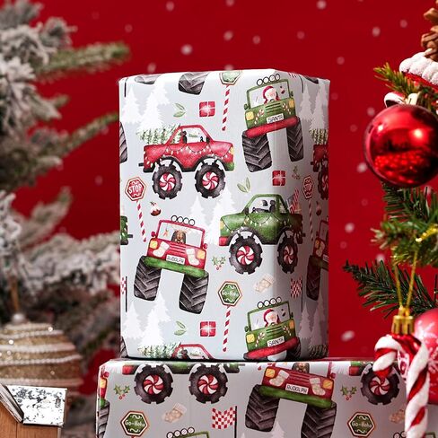 Plandrichw Monster Truck Christmas Wrapp Paper - شاحنات وحش ملونة مع أشجار عيد الميلاد وأنماط العطلات - 40 × 28 بوصة لف غلاف الهدايا ، 4 أوراق مطوية للأطفال والكبار in Kuwait
