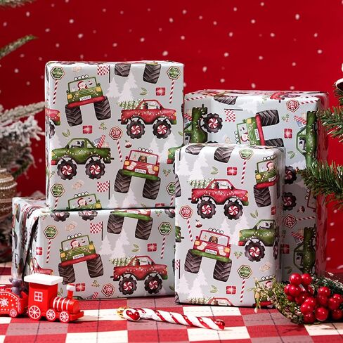 Plandrichw Monster Truck Christmas Wrapp Paper - شاحنات وحش ملونة مع أشجار عيد الميلاد وأنماط العطلات - 40 × 28 بوصة لف غلاف الهدايا ، 4 أوراق مطوية للأطفال والكبار in Kuwait