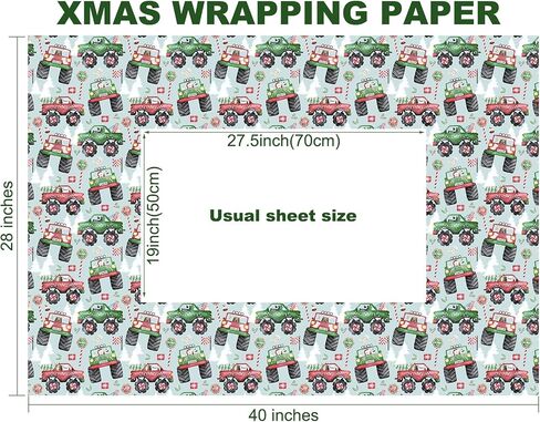 Plandrichw Monster Truck Christmas Wrapp Paper - شاحنات وحش ملونة مع أشجار عيد الميلاد وأنماط العطلات - 40 × 28 بوصة لف غلاف الهدايا ، 4 أوراق مطوية للأطفال والكبار in Kuwait